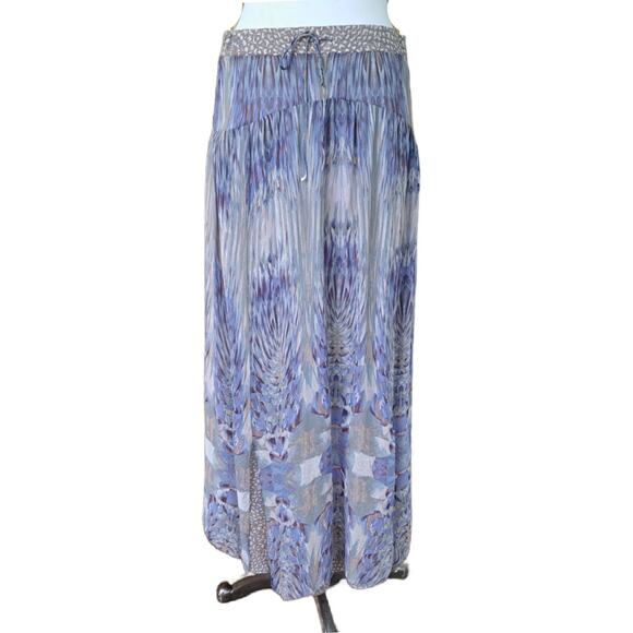 Of Two Minds Silk Flowy Boho Maxi Skirt Medium Blue Brown Chiffon - Picture 2 of 8